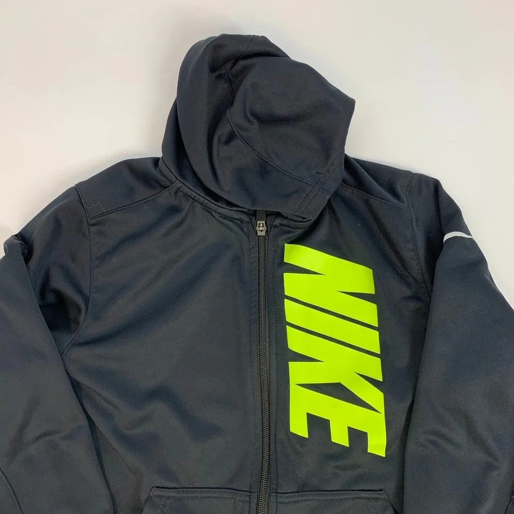 Kids Nike Dri-FIT Full Zip Hooded‎ Jacket Black Neon Green Athletic
